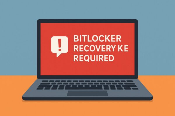 Illustration of a laptop screen showing a BitLocker recovery warning requiring the recovery key, highlighting the risk of data loss if the Microsoft account is lost.