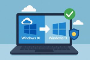 A digital illustration showing a laptop transitioning from Windows 10 to Windows 11, with icons for OneDrive, a checkmark, and a shield representing backup and security.