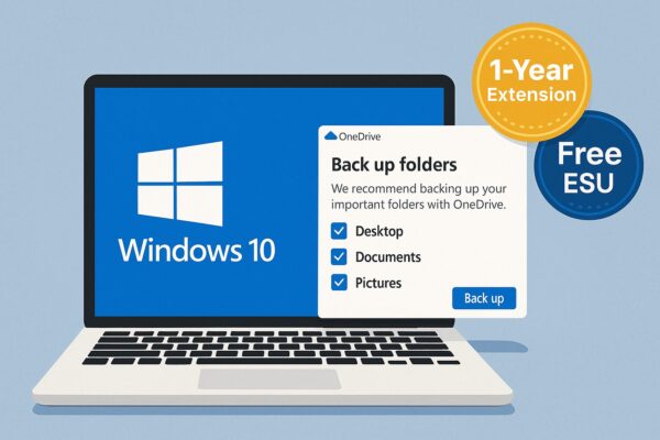 A digital illustration of a laptop displaying the Windows 10 logo and an open OneDrive sync window, with floating "Free" and "Extended" badges in the background. Represents Microsoft’s free ESU extension offer for Windows 10.
