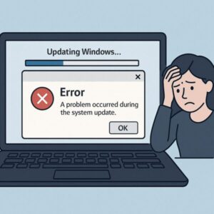 【2025年6月版】Windows 11 6月アップデート後に多発するエラーまとめ|一部メーカーで発生中の現象と対策 1 Windowsアップデート中にエラーが発生したノートパソコンの画面と、頭を抱えて困っている女性のイラスト。「Updating Windows…」「Error: A problem occurred during the system update.」と表示されている。