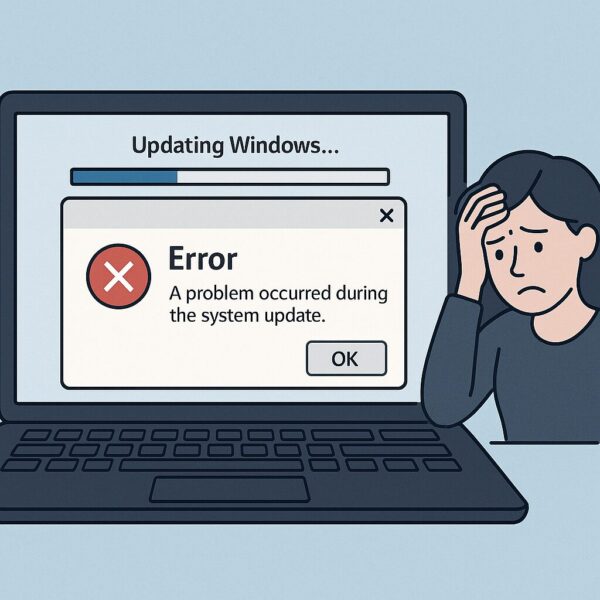 Windowsアップデート中にエラーが発生したノートパソコンの画面と、頭を抱えて困っている女性のイラスト。「Updating Windows…」「Error: A problem occurred during the system update.」と表示されている。