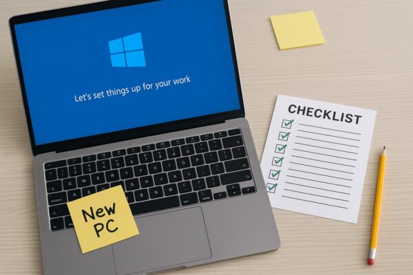 新しいWindowsパソコンと初期設定のチェックリストを写したイメージ。机の上には付箋やメモが置かれ、快適な作業環境が整っている様子。