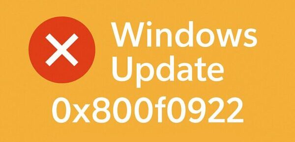 Graphic showing Windows Update error 0x800f0922 with a red X symbol on a yellow background