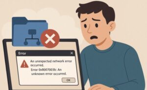 How to Fix Windows Error 0x8007003b — The Real Causes and Solutions 1 A concerned man looking at his laptop showing a Windows error message: “An unexpected network error occurred. Error 0x8007003b: An unknown error occurred.” A network folder icon and a red error symbol appear above the laptop, illustrating a file transfer failure.