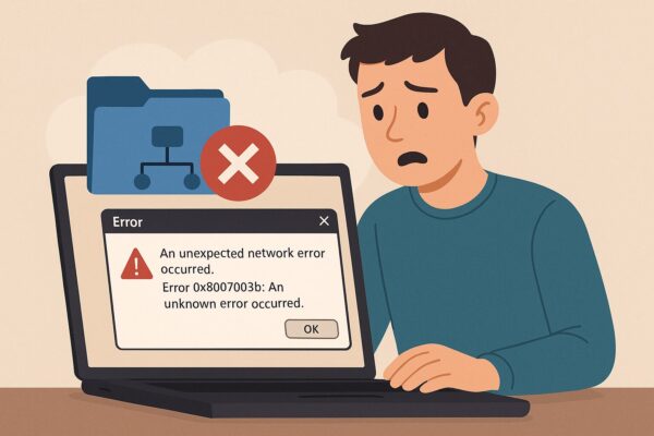 A concerned man looking at his laptop showing a Windows error message: “An unexpected network error occurred. Error 0x8007003b: An unknown error occurred.” A network folder icon and a red error symbol appear above the laptop, illustrating a file transfer failure.
