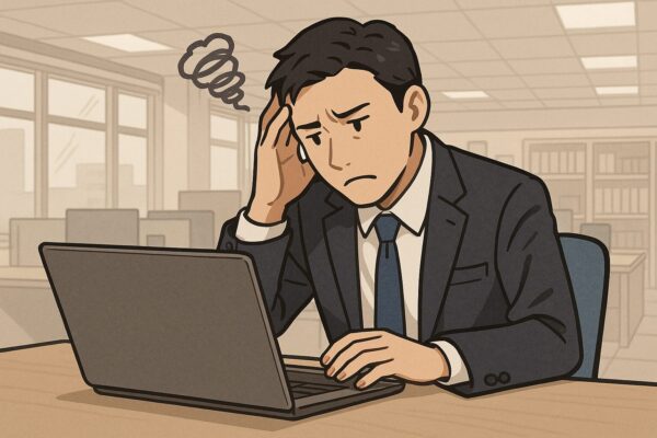 【ALT】業務用パソコンのトラブルに悩むスーツ姿の男性社員のイラスト。オフィス内でPC画面を見つめ、頭を抱えている表情。