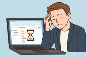 A frustrated man sitting in front of a laptop showing a slow-loading File Explorer with an hourglass icon after the Windows 11 24H2 update.