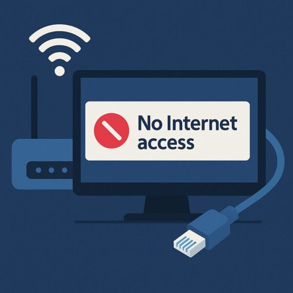 A flat-style illustration showing a computer monitor with “No Internet access” displayed, alongside a Wi-Fi router and an Ethernet cable, symbolizing network connectivity issues on Windows.