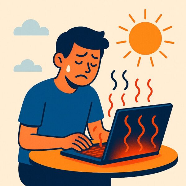 An illustration of a man struggling with an overheating laptop while using it outdoors under the blazing sun. Heat waves are rising from the device, and the sun is shining intensely overhead.