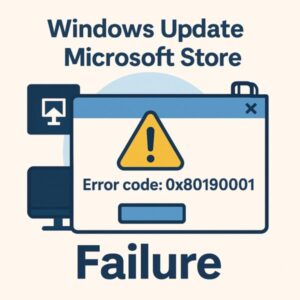 Windows UpdateとMicrosoft Storeの更新エラー「0x80190001」を警告する画面のイラスト。黄色の警告マークと「Failure」の文字が目立つ構成で、トラブルを直感的に伝えるビジュアル。