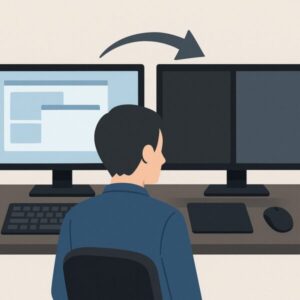 デュアルモニタを使う男性と、徐々に表示されるサブモニタの様子を表したイラスト