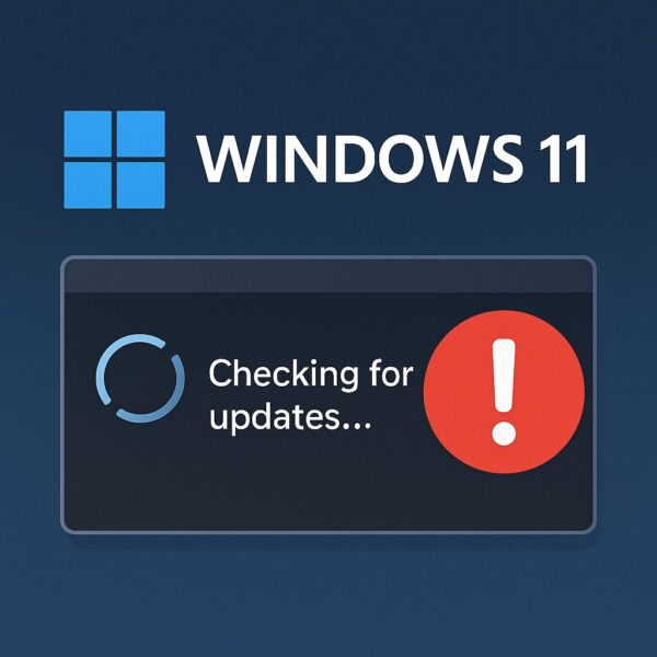 Windows 11 logo with a dark update dialog showing "Checking for updates..." and a large red error icon, illustrating an update scan failure.