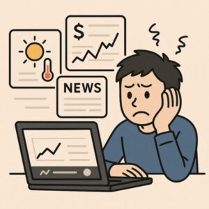 ログイン直後に株価や天気ニュースが出て困惑している男性が、PC画面を見て悩んでいる様子のイラスト。
