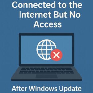 Connected to the Internet But Can’t Access Web or Email? Fix It After Windows Update (2025) 1 Illustration showing a laptop with a globe icon and a red X on the screen, symbolizing internet connectivity issues. The text reads “Connected to the Internet But No Access – After Windows Update.”
