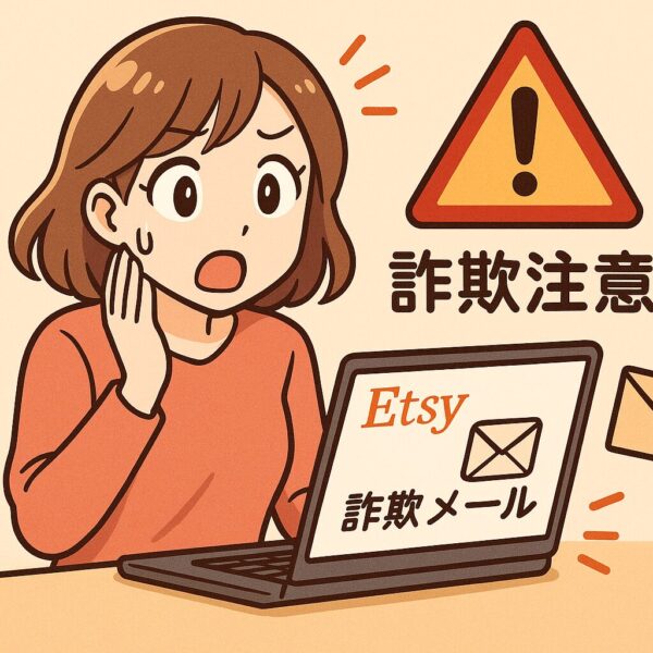 Etsyで詐欺メッセージを受け取って驚くアニメ風の女性。ノートパソコンの画面には「詐欺メール」と表示され、背景には「詐欺注意」の警告マークや封筒のアイコンが描かれている。
