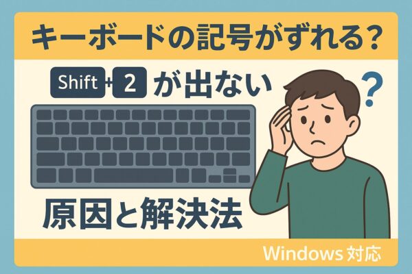 キーボードの記号ずれをテーマにした日本語のインフォグラフィック。「Shift＋2が出ない」「原因と解決法」「Windows対応」といった文字がバランスよく画像内に収まり、困惑する男性とキーボードのイラストが添えられている。