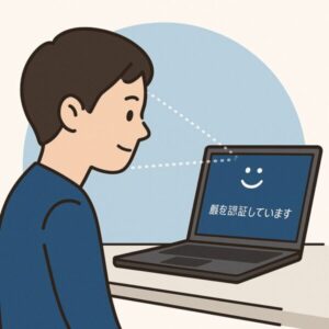顔認証中のノートパソコンに向かって座っている若い男性のイラスト。画面には「顔を認証しています」と表示され、笑顔マークとともに視線を追う点線が描かれている。認証の様子が視覚的にわかりやすい構成。