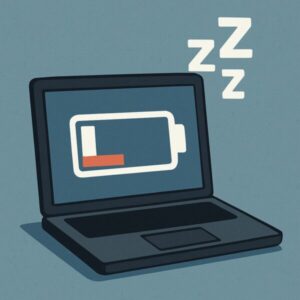 A digital illustration of an open laptop with a nearly empty red battery icon on the screen and three “Z” symbols floating above it, representing sleep mode and battery drain during standby.