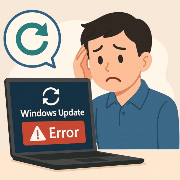 2025年6月最新版【WindowsエラーKB5060842】更新が何度も失敗する原因と対処法 1 「Windows Updateエラーに悩む人」「解決策が提示される安心感」「アップデートアイコン」「エラー画面に困る表情の人物