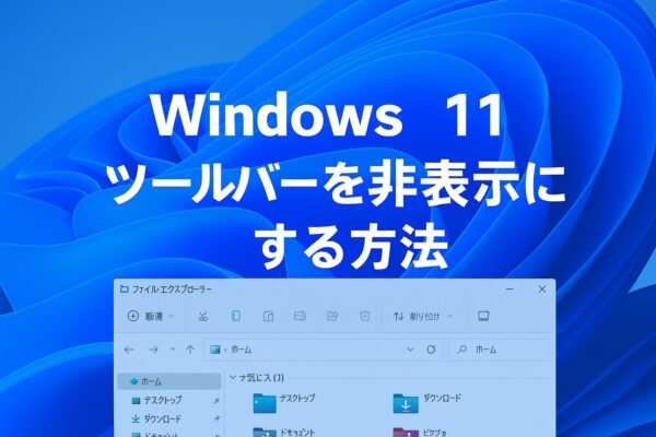 Windows 11のファイルエクスプローラーに表示されたツールバーを非表示にする方法を紹介するアイキャッチ画像。青い背景に白い文字で『Windows 11 ツールバーを非表示にする方法』と書かれており、下部にエクスプローラーのウィンドウが表示されている。