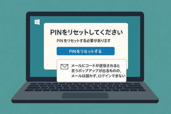 Windowsアップデート後にPINリセットを要求され、メールでの確認コードが届かずログインできない問題を示すラップトップ画面のイラスト