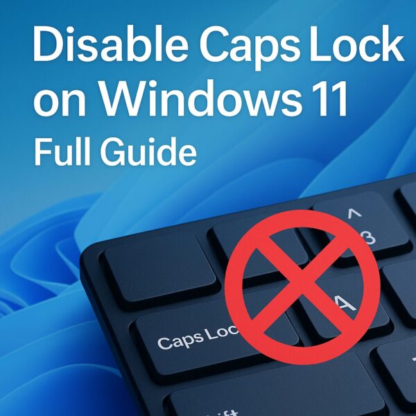 A digital graphic showing a Windows 11 keyboard with a close-up of the Caps Lock key marked by a red prohibition symbol. The text reads “Disable Caps Lock on Windows 11 - Full Guide” over a modern blue gradient background inspired by Windows 11 design.