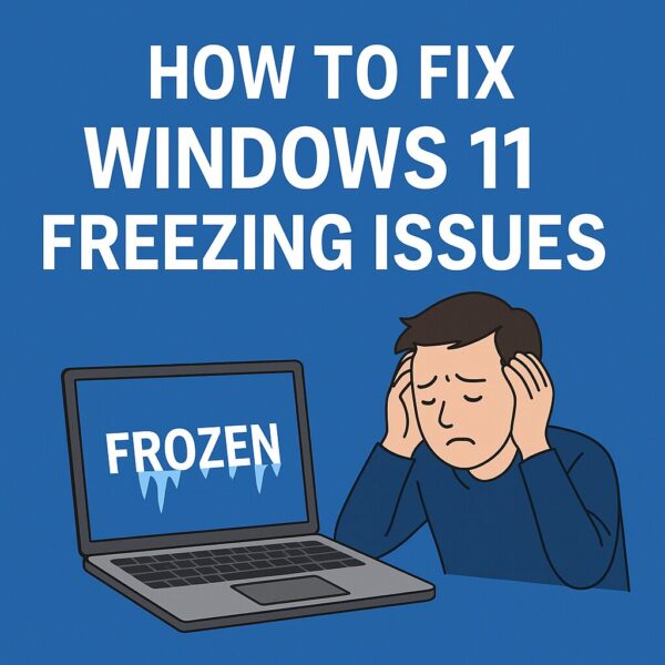 A flat-style illustration showing a frustrated man holding his head next to a laptop screen that says “FROZEN” with icicles, under the title “How to Fix Windows 11 Freezing Issues” on a blue background.