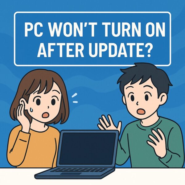 アニメ調・フラットデザイン風、ラップトップの前で驚いた表情の若い男女（日本人キャラ）、背景はWindowsを思わせるブルー系、中央に大きく“PC Won’t Turn On After Update?”の文字