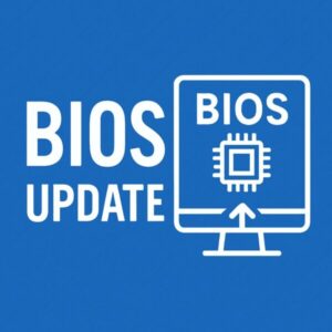 【BIOSって何?】初心者でもわかるBIOSアップデートの安全なやり方と注意点 1 青い背景に白い文字で『BIOS UPDATE』と書かれたイラスト。右側にモニターのアイコンと、BIOSチップのシンボルと上向きの矢印が描かれており、BIOS更新を表現している。