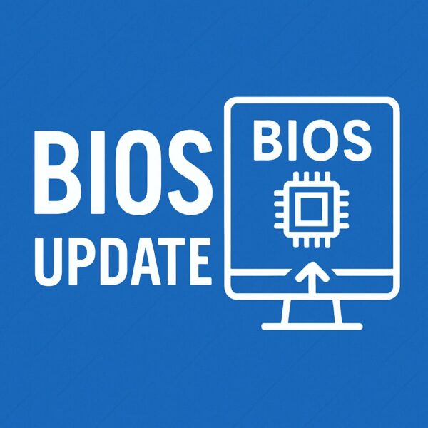 青い背景に白い文字で『BIOS UPDATE』と書かれたイラスト。右側にモニターのアイコンと、BIOSチップのシンボルと上向きの矢印が描かれており、BIOS更新を表現している。