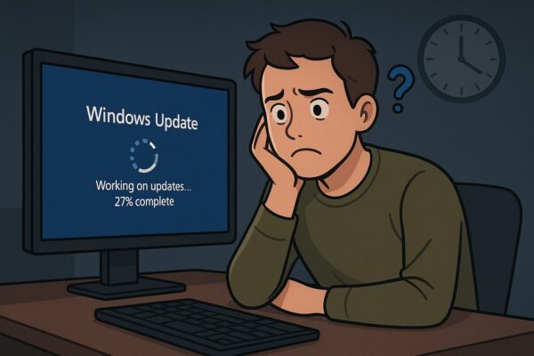 A frustrated user staring at a stalled Windows Update screen at 2 AM, showing a frozen progress bar and error indicators, symbolizing update-related service failures.