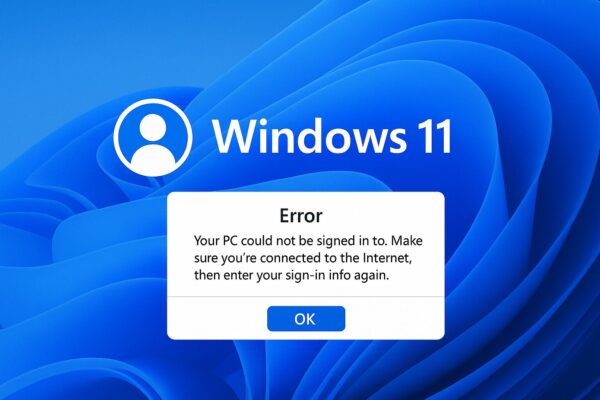 Windows 11のログイン画面に「サインインできませんでした」とエラーメッセージが表示されたイラスト。青い背景にユーザーアイコンとエラーダイアログが描かれている。