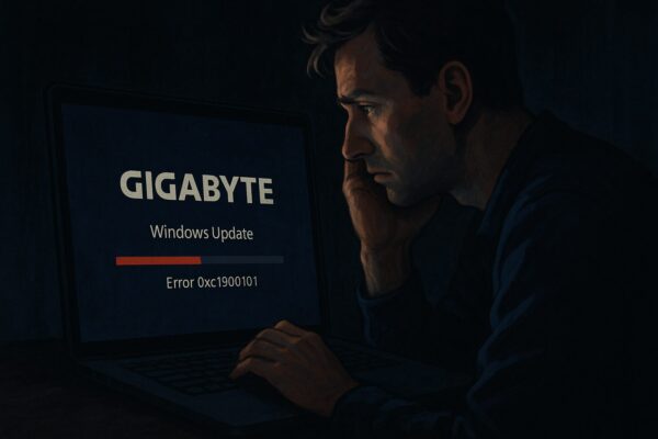 A worried man sits in a dark room, staring at a GIGABYTE laptop screen stuck during a Windows update. The screen displays “Error 0xc1900101” with a red progress bar, indicating a critical system failure.