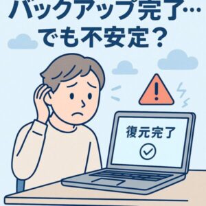 【完全版】バックアップ後にWindowsが不安定になる原因と対処法|復元後の隠れた落とし穴も解説 1 ノートPCの前で困っている人、画面には「復元完了」などの表示