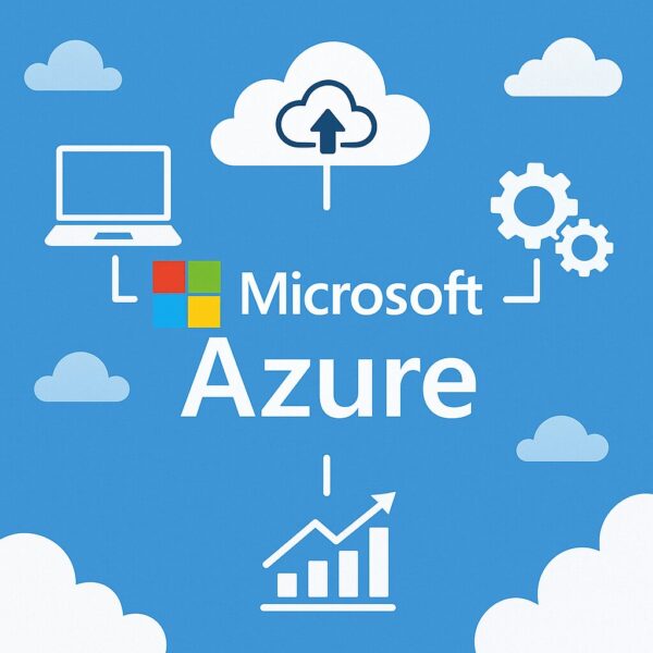 Microsoft Azureのロゴとクラウドアイコンが描かれたイメージ図。クラウドサービスを象徴する青空背景に、仮想マシン・データ分析・クラウドストレージなどの機能がアイコンで表現されている。