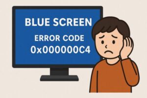【Windowsエラー0x000000c4】ブルースクリーンエラーの原因と対処法|2025年6月最新版 1 この画像は「ブルースクリーン(BSOD)と困っているユーザー」をイメージして描いています。