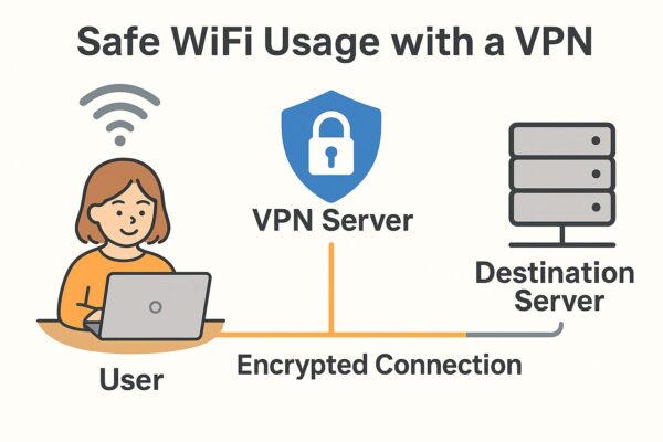 Is Public Wi-Fi Safe in 2025? Why You Need a VPN and How to Choose One (Beginner Guide) 2 An illustrated diagram showing safe Wi-Fi use via a VPN. A user connects through a VPN server using an encrypted connection before reaching the destination server.