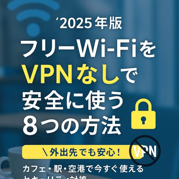 Illustrated banner showing 8 ways to stay safe on public Wi-Fi without using a VPN in 2025, with icons of lock, Wi-Fi, and warning symbols.
