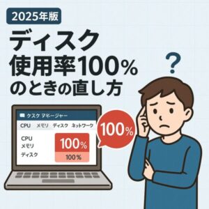 【2025年版】Windowsで「ディスク使用率100%」が続くときの原因と直し方【初心者向け完全ガイド】 1 「2025年版 ディスク使用率100%のときの直し方」と書かれたアイキャッチ画像。タスクマネージャーの画面にディスク使用率100%が赤く表示され、困った表情の男性がパソコンを見つめているイラスト。