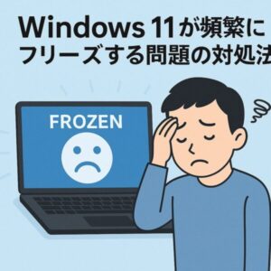 【完全解決ガイド】Windows 11が頻繁にフリーズする原因と対処法|マウスも動かない時の最終手段とは? 1 「Windows 11が頻繁にフリーズする問題の対処法」と書かれた青い背景のイラスト。画面に“FROZEN”と表示されたノートパソコンと、頭を抱えて困っている男性キャラクターが描かれている。
