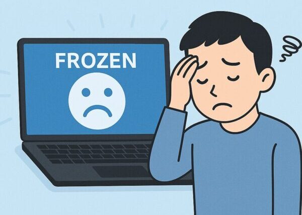 「Windows 11が頻繁にフリーズする問題の対処法」と書かれた青い背景のイラスト。画面に“FROZEN”と表示されたノートパソコンと、頭を抱えて困っている男性キャラクターが描かれている。