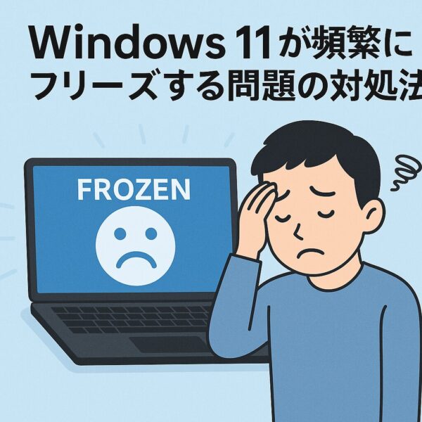 「Windows 11が頻繁にフリーズする問題の対処法」と書かれた青い背景のイラスト。画面に“FROZEN”と表示されたノートパソコンと、頭を抱えて困っている男性キャラクターが描かれている。