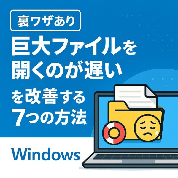 「巨大ファイルを開くのが遅い」を改善する方法を紹介するWindows向け記事のサムネイル。青い背景に、読み込み中のノートパソコンと困った表情の絵文字、ファイルアイコンが描かれている。テキストには「裏ワザあり 巨大ファイルを開くのが遅いを改善する7つの方法」と表示。