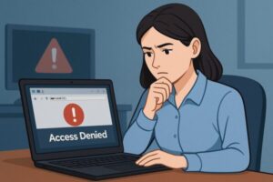 How to Fix Windows C Drive Permission Errors (Full Recovery Guide) 1 A female IT support engineer analyzing Windows C drive permission errors, with warning icons displayed on her computer screen.