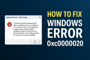 How to Fix Windows Error Code 0xc0000020 — Complete Beginner’s Guide 1 A digital graphic showing a Windows error message for code 0xc0000020. The left side displays a dialog box with a red X and detailed error text, while the right side features bold yellow and white text saying “How to Fix Windows Error 0xc0000020” on a dark blue background.