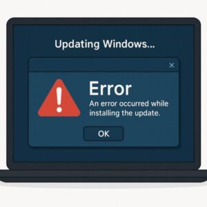 【WindowsエラーKB5039302】様々な不具合を発生させる原因とその対処法|2025年6月最新版 1 Windows更新中にエラーが発生したノートパソコンの画面。「Updating Windows…」「Error: An error occurred while installing the update.」と表示された青いエラーダイアログが描かれている。