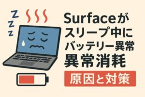 【2025年最新版】Surfaceがスリープ中にバッテリー異常消耗!突然熱くなる原因と対策法 1 Surfaceスリープ中にバッテリーが異常消耗して発熱する問題を説明するイラスト。眠るSurfaceノートPCが汗を流し赤く加熱している様子と、バッテリー残量が少ないアイコン、右側に大きな日本語で『原因と対策』と書かれている。