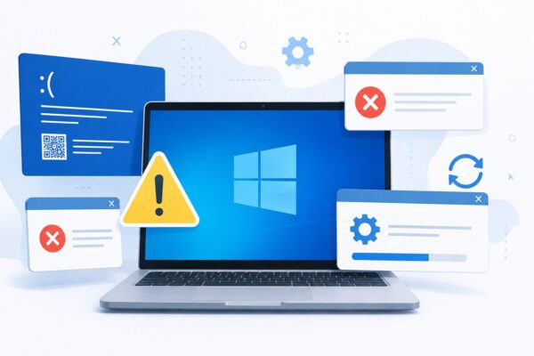 Illustration showing a laptop with a warning symbol and error codes like “0x80070057” and “KB5007651” on screen, representing a Windows error troubleshooting guide