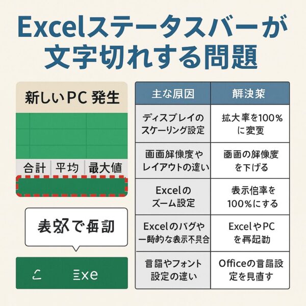 Excel365のステータスバーで「合計」「平均」などの数値が文字切れして表示されているトラブルを説明するイメージ。PC画面の右下に部分的に途切れた数値が描かれている。