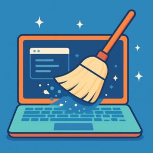 Is Your PC Sluggish? Here’s How to Clean and Speed Up Your Windows Computer 1 Illustration of a broom sweeping across a laptop screen, symbolizing cleaning and optimizing a slow Windows PC.
